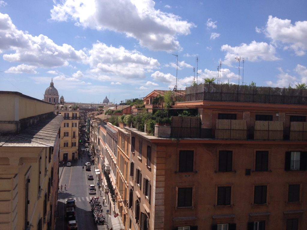 Vue sur un toit terrasse très fleuri et arboré de Rome