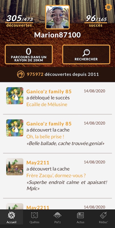 Page d'accueil de l'application Tèrra Aventura