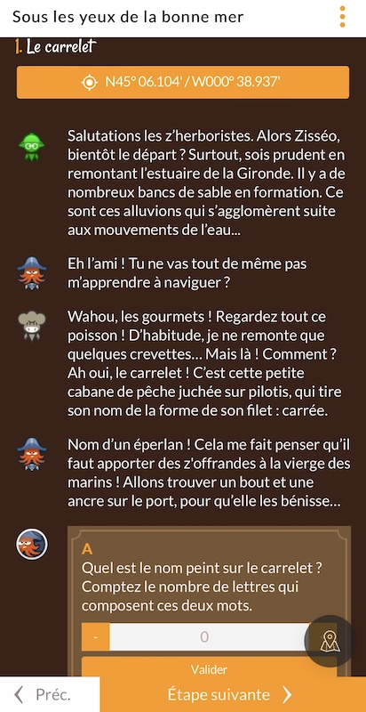 Capture d'écran d'une fiche du parcours "Sous les yeux de la bonne mer" de la chasse au trésor numérique Tèrra Aventura présentant des données sur l'Estuaire de la Gironde